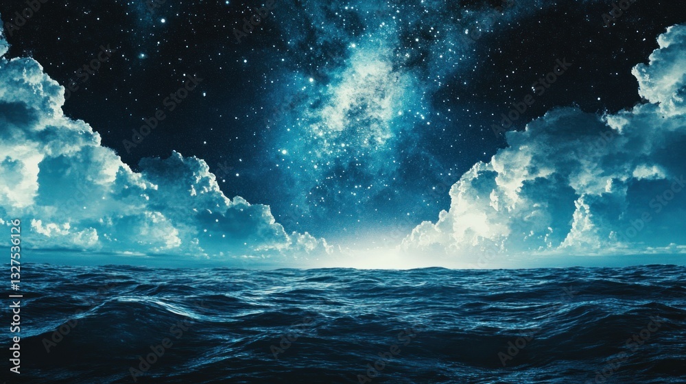 Fototapeta premium Ocean waves under a starry sky with clouds above