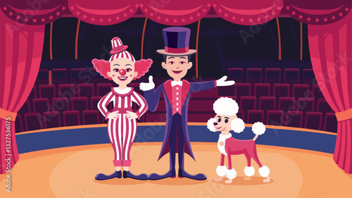 A lively circus scene featuring a cheerful clown, a dapper ringmaster, and an adorable poodle, ready to entertain in a vibrant performance.