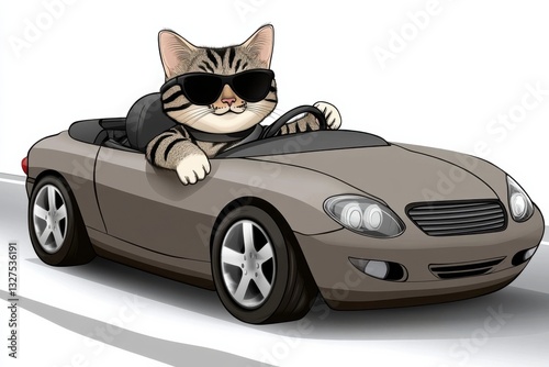 cartoon cat is driving a car. cat with glasses and a smile on his face. action takes place in city with buildings and cars visible in background. animals are like people. pet is having fun driving.