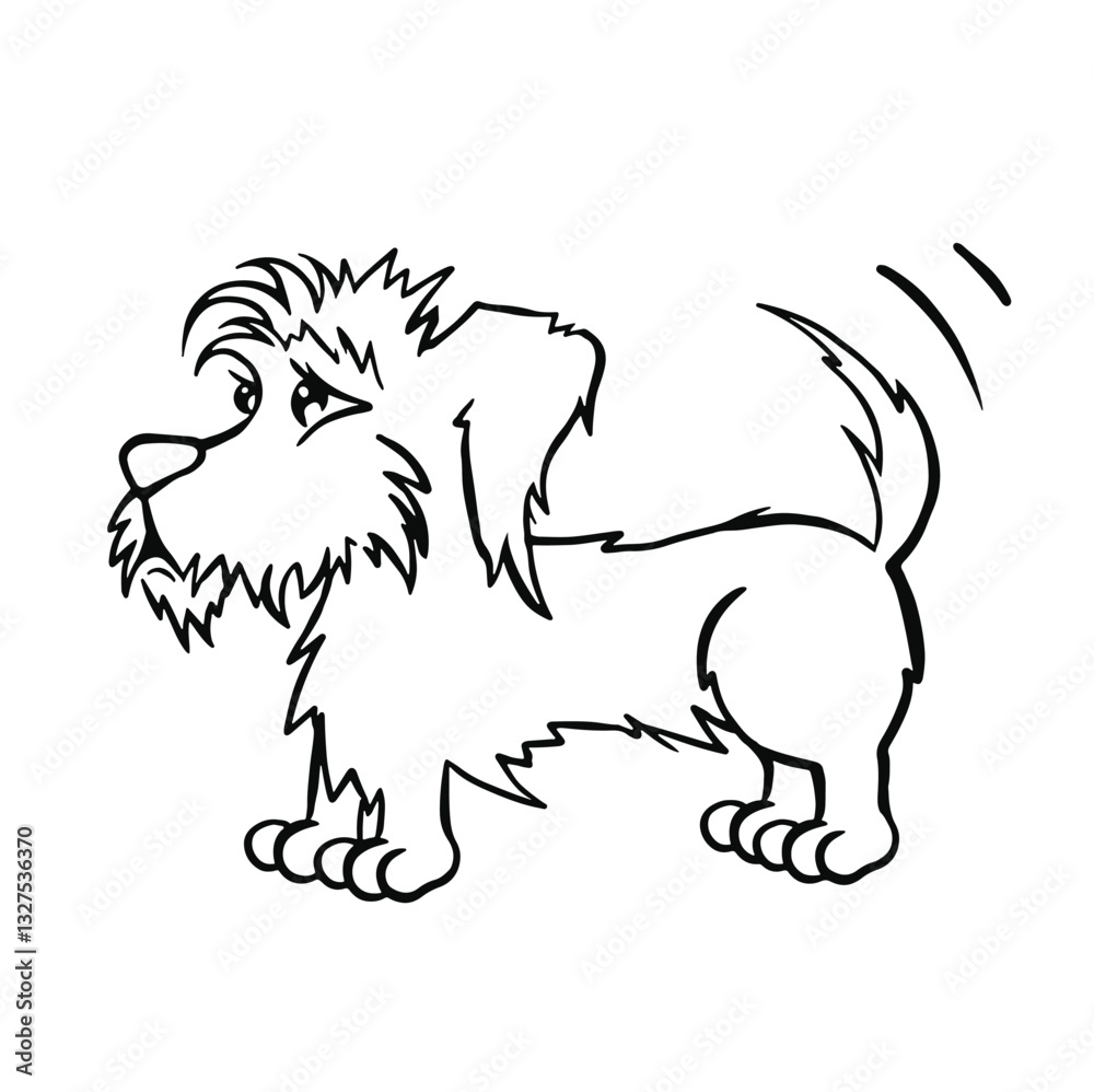 Fototapeta premium Cute black shaggy bearded mongrel dog wags tail rejoices, line coloring page vector
