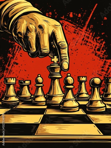 A hand moving a chess piece on a chessboard, with a striking red and black background, suitable for materials about strategy, competition, game theory, and decision - making.