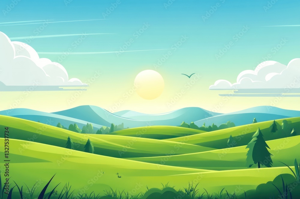 Obraz premium Serene Landscape with Rolling Green Hills under Bright Sun and Soft Clouds in a Clear Sky