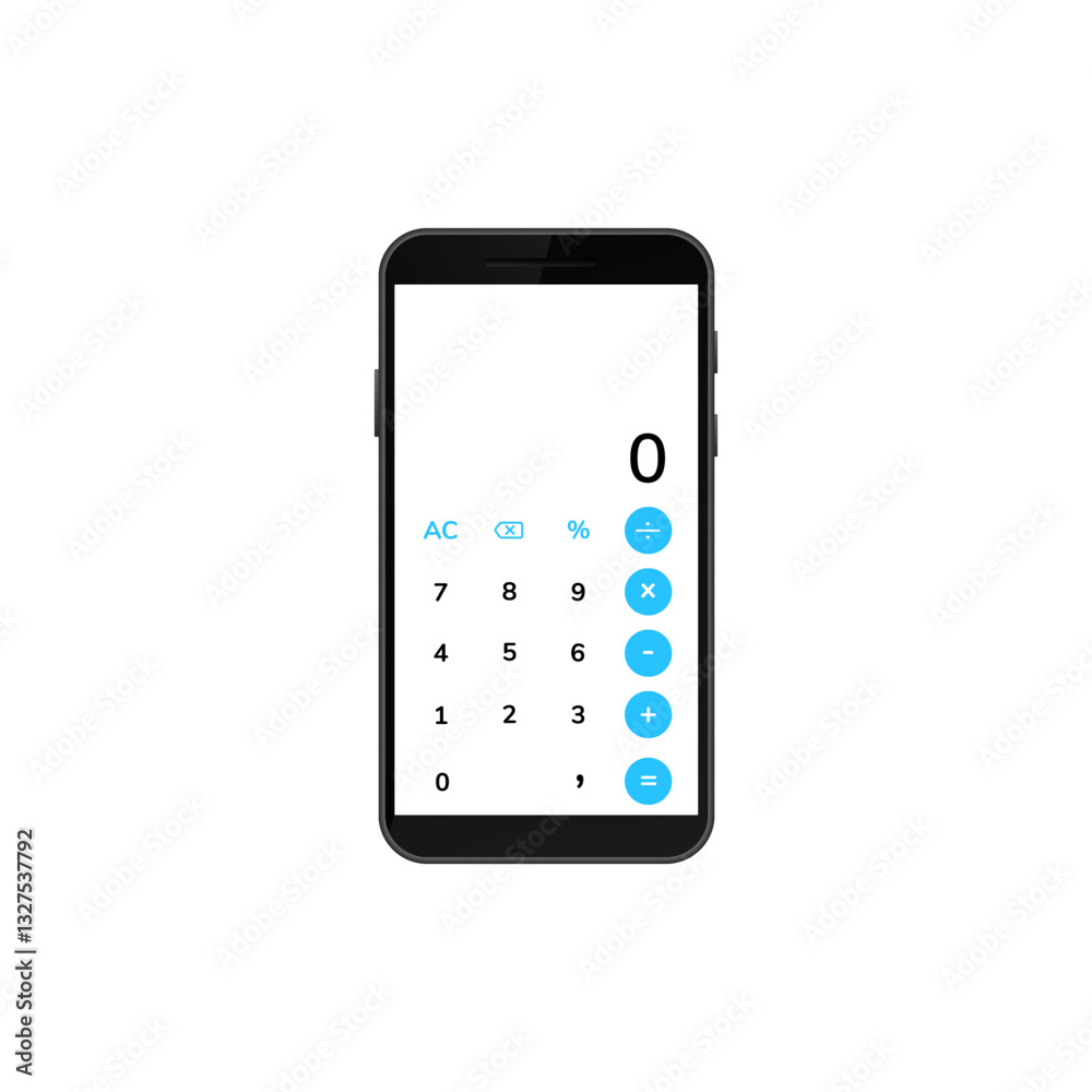 Smartphone showing digital calculator app, featuring numbers, basic mathematical functions, and symbols. Smartphone showing digital calculator app, featuring numbers, basic mathematical functions, and symbols.