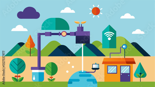 The use of precision irrigation systems on a smart farm helps to conserve water and maintain suitable habitat for both plant and animal species.. Vector illustration