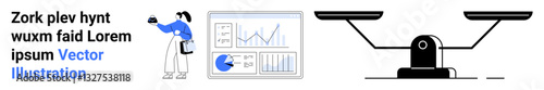 Businesswoman reviews analytics on screen, holding coffee cup. Graph dashboard highlights performance data. Balanced scales symbolize fairness, decisions, and equality. Ideal for analytics, justice