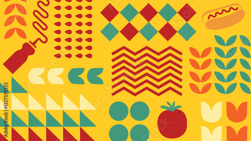 A vibrant  background featuring barbecue elements, abstract food icons, and geometric shapes. Perfect for summer party invitations, digital prints, restaurant menus, and packaging design.