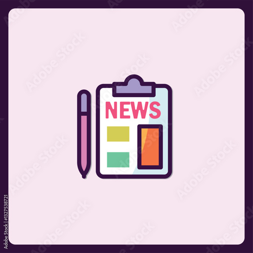 Modern Flat Vector Icon of Newspaper Clipping with Clip and a Pen Illustration