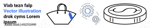 Shopping bag with a tag, gear mechanism implying processes, and coin symbolizing monetary value. Ideal for commerce, innovation, finance, retail, manufacturing, operations flat landing page banner