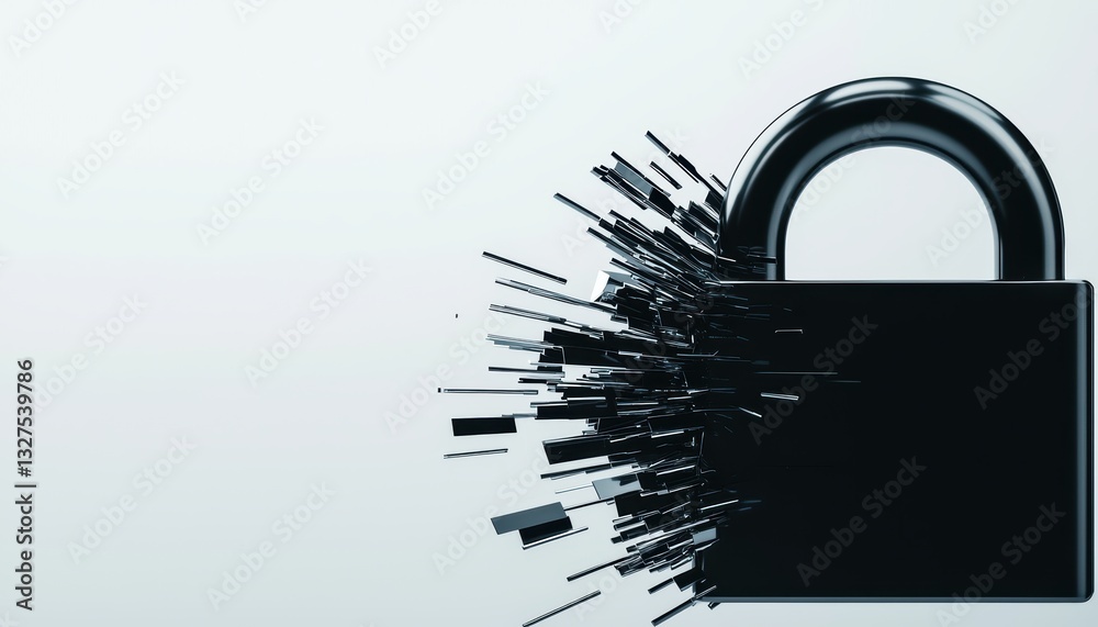 Hacked cloud server concept, futuristic visualization of an open padlock with fragmented digital data and security breach warning signs Hacked cloud server concept, futuristic visualization of an open padlock with fragmented digital data and security breach warning signs