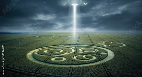 UFO emitting light over crop circles in mystic field