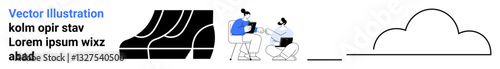 Two professionals collaborate using tablets seated on stools. Includes abstract curves, modern cloud outline, and clean lines. Ideal for technology, teamwork, creativity, education, productivity