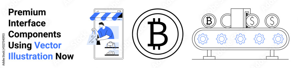 Online shopping app interface with user purchasing, Bitcoin logo as a focal cryptocurrency, automated factory with gears producing coins. Ideal for e-commerce, fintech, shopping, technology Online shopping app interface with user purchasing, Bitcoin logo as a focal cryptocurrency, automated factory with gears producing coins. Ideal for e-commerce, fintech, shopping, technology