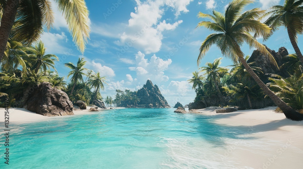 Obraz premium Idyllic Tropical Beach Scene With Palm Trees and Rocks
