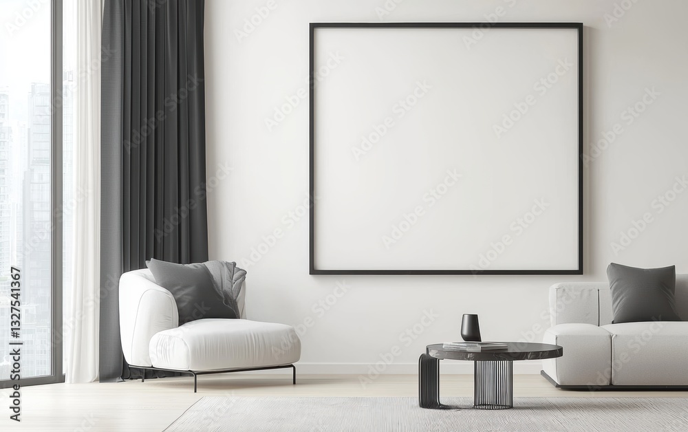 Contemporary architecture with a large empty wall-mounted frame, stylish furniture, and a peaceful neutral color palette Contemporary architecture with a large empty wall-mounted frame, stylish furniture, and a peaceful neutral color palette