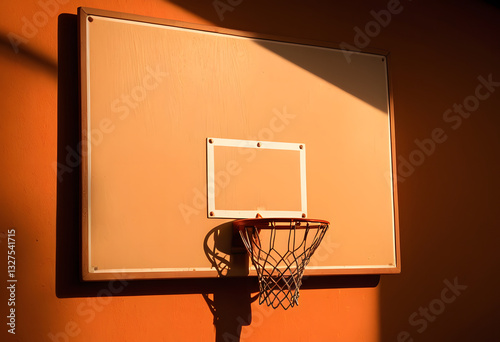 Warm hues reflecting on the backboard, soft light, deep shadows, serene atmosphere.
