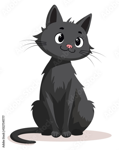 Adorable gray cartoon cat sitting and looking forward with big kind eyes and a gentle smile. Simple vector art style, isolated on a white background.