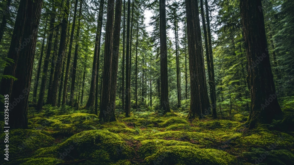Obraz premium Lush Green Forest With Tall Trees And Mossy Ground