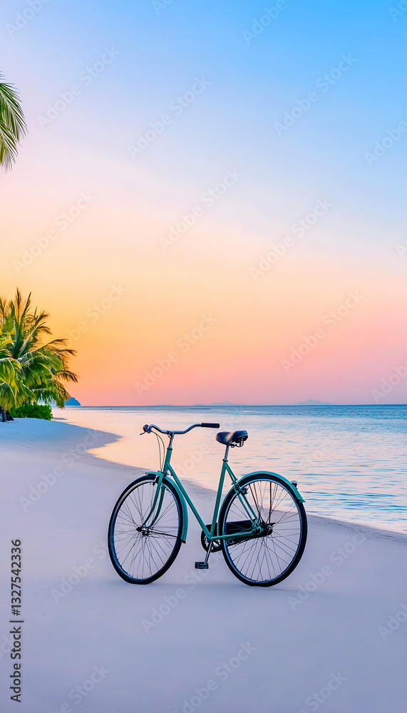 Fototapeta premium Pastel-toned beach sunrise with a vintage bicycle