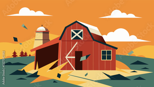 The shattered remnants of a barn its walls now mere piles of rubble embody the decline of traditional farming ods in the face of industrialization.. Vector illustration