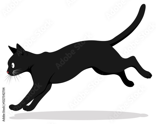  Black Cat Running Jumping White Isolated Background Illustration