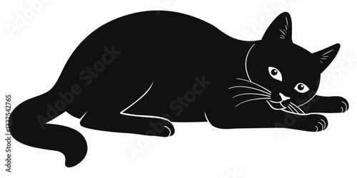 Black Cat Lying Down Watching White Background Illustration