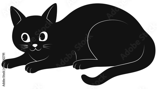 A delightful and whimsical black cartoon cat depicted in a serene and relaxed pose that radiates charm