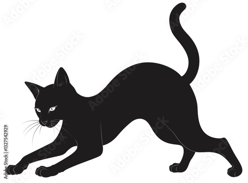 Black Cat Stretching White Isolated Background Illustration