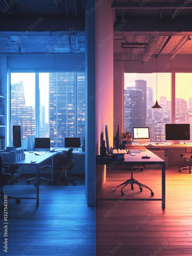 Corporate workspace transformation in Saint Petersburg showcasing before and after automation effects Generative AI