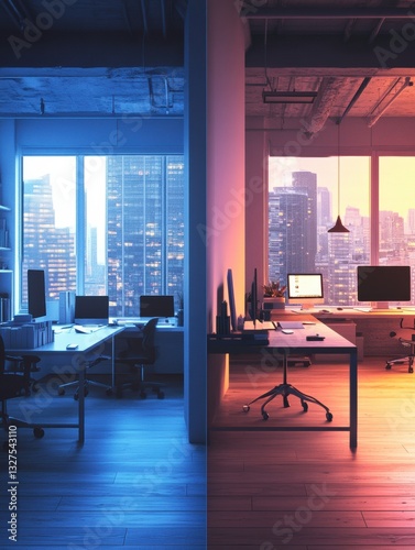 Obraz na płótnie Corporate workspace transformation in Saint Petersburg showcasing before and after automation effects Generative AI w salonie