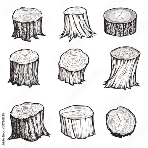 Illustration Set of tree stumps isolated. Natural cut wood