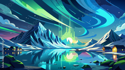 Northern lights and snow covered mountains in Lofoten islands, Norway. Aurora borealis. Starry sky with polar lights and snowy rocks reflected in water. Night winter landscape with aurora, sea