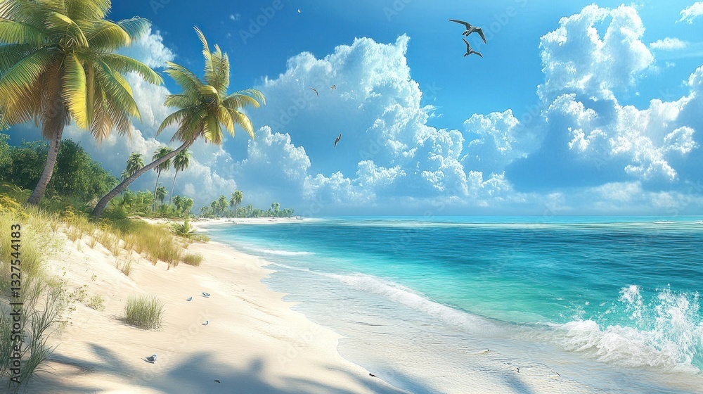Fototapeta premium Idyllic Tropical Beach Scene With Palm Trees And Birds