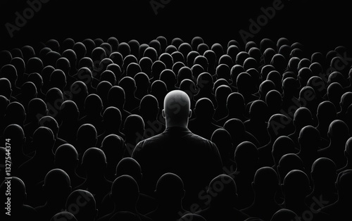 Futuristic monochrome crowd of mannequin-like people, a single illuminated figure breaking conformity in a cinematic dystopian atmosphere