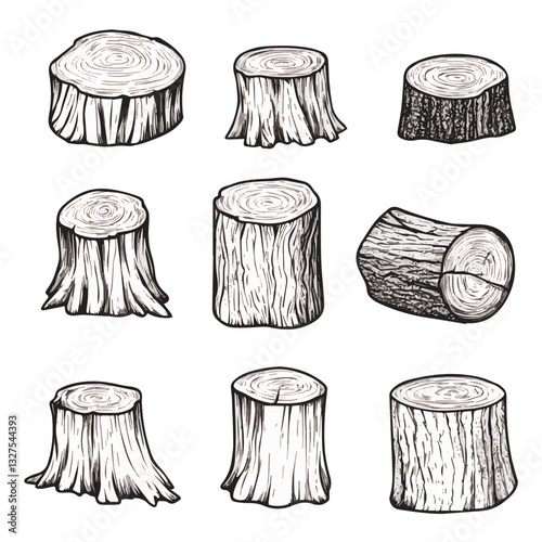 Illustration Set of tree stumps isolated. Natural cut wood
