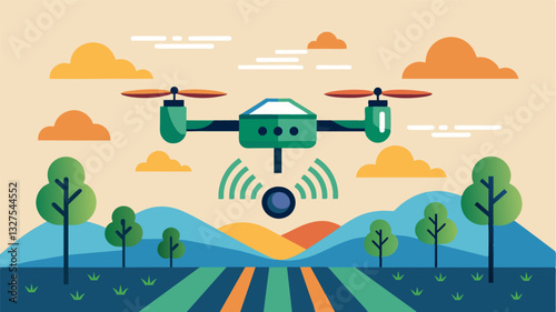Through advanced communication systems a smart drone can relay information about soil conditions directly to a farmers smartphone allowing for quick adjustments in fertilization. Vector illustration