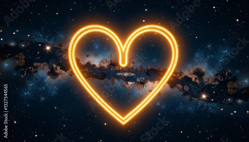 Glowing neon heart in deep space with cosmic galaxy backdrop
