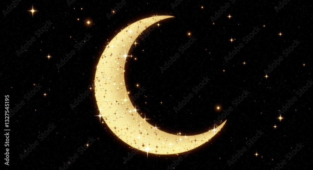 Naklejka premium A enchanting night sky scene a crescent moon glowing with a soft warm light adorned with numerous twinkling stars the stars vary in size and brightness a magical and dreamy effect on black background