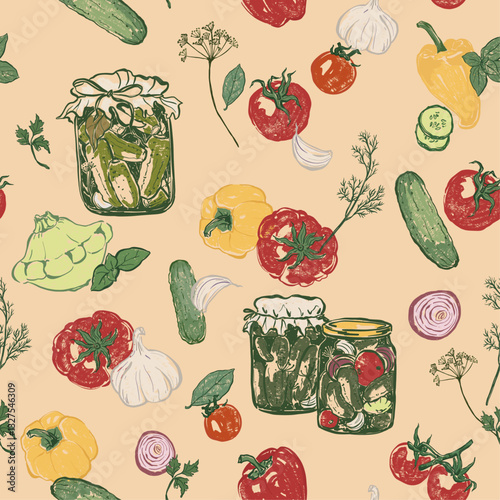 Vector vegetable seamless pattern of tomato and pickled cucumbers. Hand-drawn garden harvest. Tasty food illustration for restaurant and cafe interior, veggie market drawing print, fabric, background.