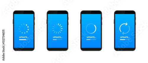 Four smartphones show different loading animations while undergoing software updates.
