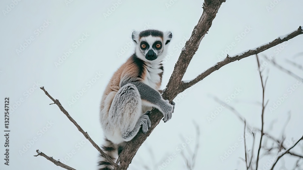 Fototapeta premium Lemur climbing tree forest wildlife photography winter close-up nature