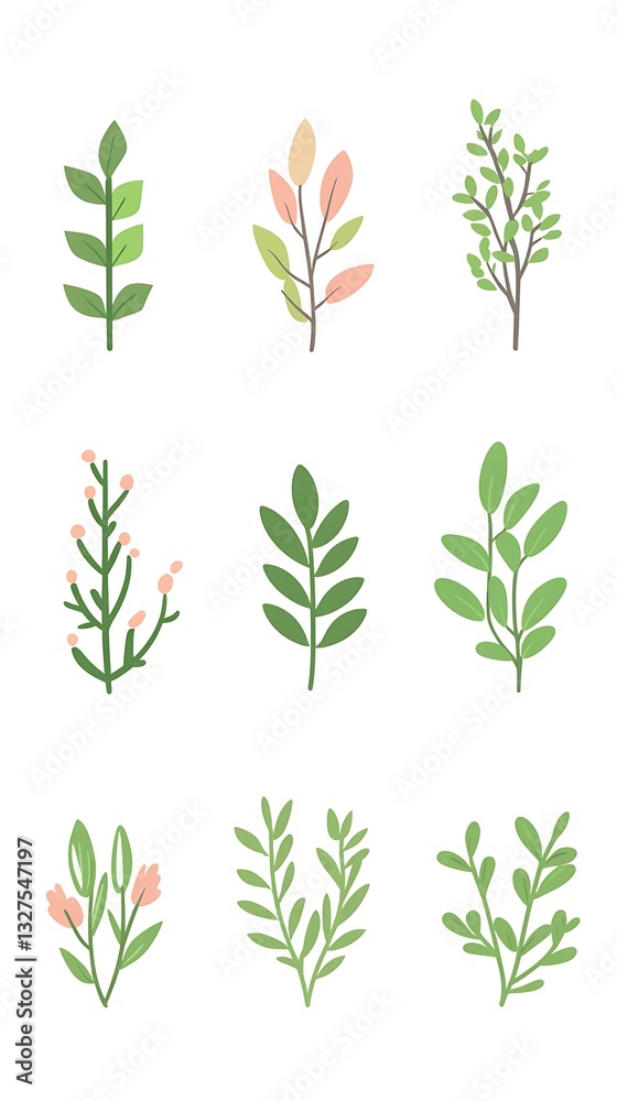 Fototapeta premium Illustrated leaves arrangement on white background