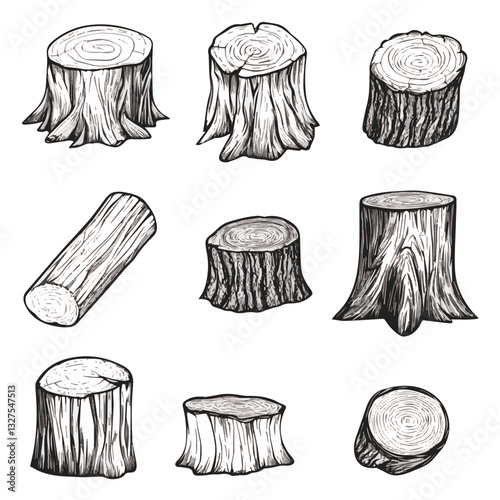 Illustration Set of tree stumps isolated. Natural cut wood