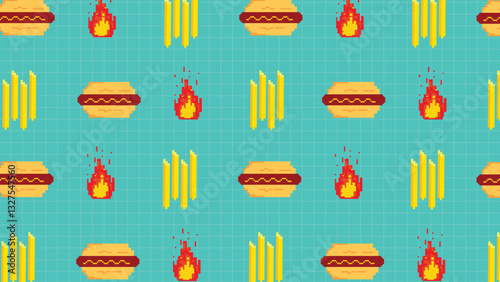A  pixel art background showcasing burgers, fries, and flames on a blue grid background. Great for fast food branding, digital designs, retro gaming aesthetics, restaurant graphics, creative projets.