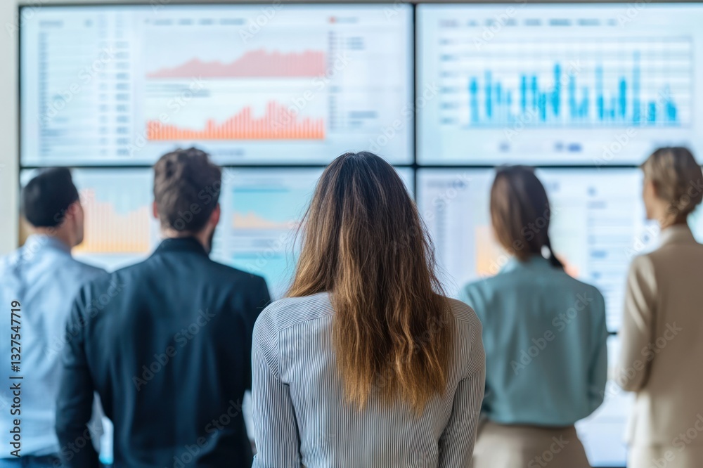 Fototapeta premium Team Analyzing Data Statistics on Large Screens in Modern Office Environment