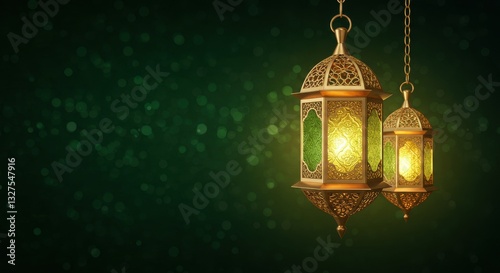 Wallpaper Mural Two ornate lanterns hanging with chain against a deep green background lanterns are intricately designed with detailed cut-out patterns that allow light to shine through a warm glow for Ramadan Eid Torontodigital.ca