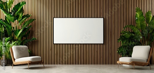 High-end lounge area with a large empty picture frame on a neutral background, ideal for showcasing custom artwork or branding materials