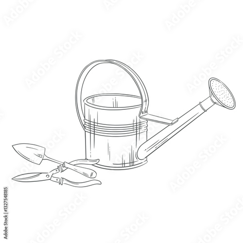 Watering can, trowel, pruning shears. Vector hand-drawn illustration. Ideal for gardening, spring planting, and eco-friendly themes. Perfect for sustainable, rustic visuals, summer design and decor
