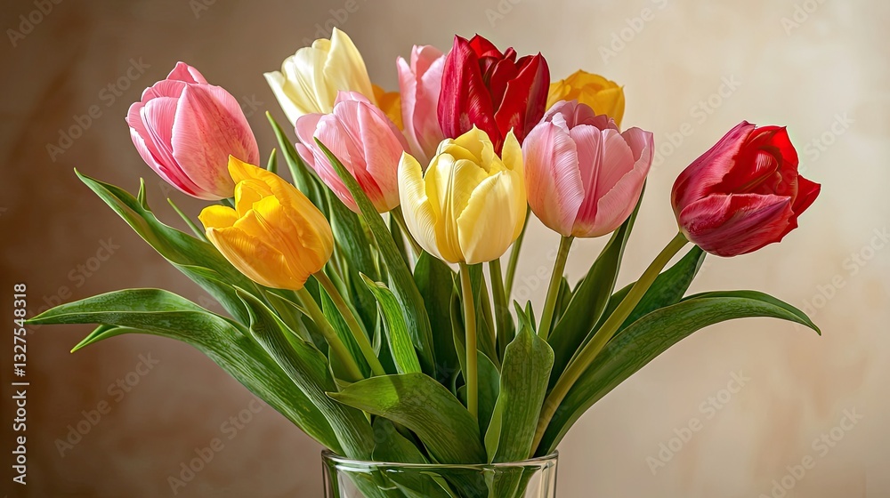 A vibrant bouquet of fresh tulips in soft pink, yellow, and red, elegantly arranged in a glass vase. A vibrant bouquet of fresh tulips in soft pink, yellow, and red, elegantly arranged in a glass vase.