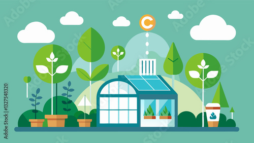 The greenhouses advanced CO2 capture technology collects and recycles excess CO2 reducing environmental impact and promoting sustainable growth.. Vector illustration