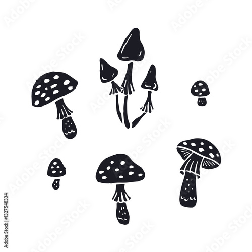 Hand drawn monochrome inky silhouettes of amanita mushroom. Poisonous fungy black and white doodles